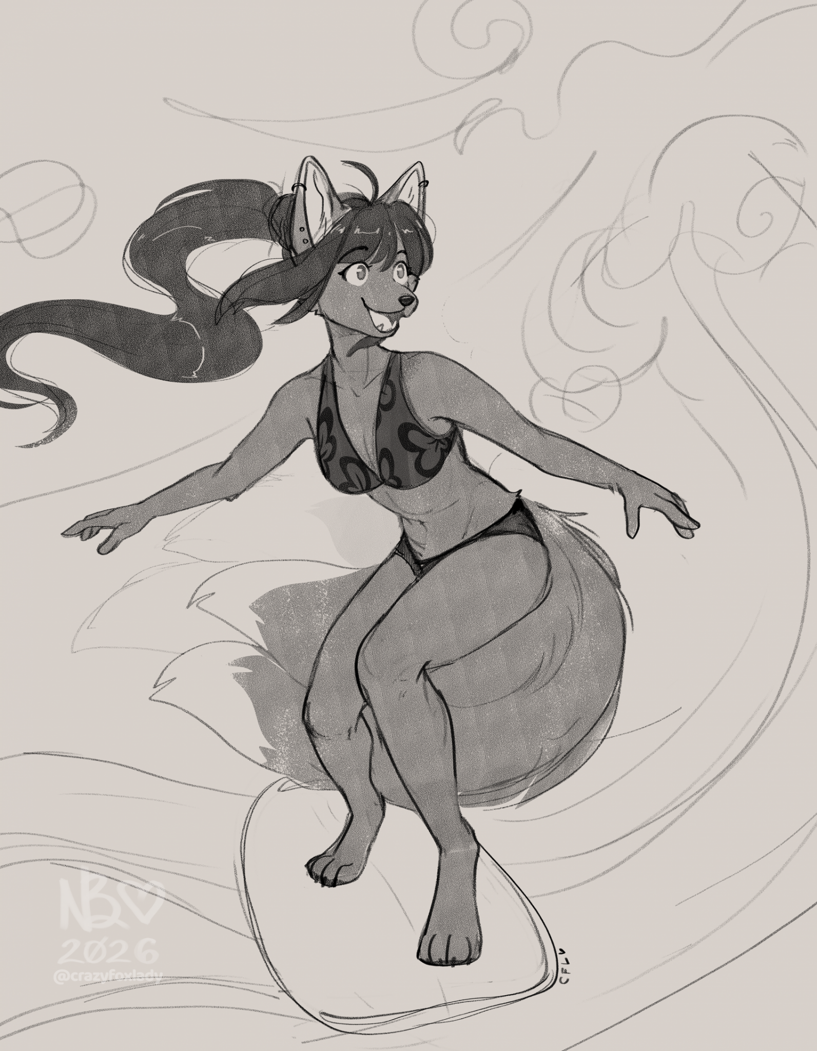 A digital sketch of a black-furred anthro fox with four tails riding a surfboard